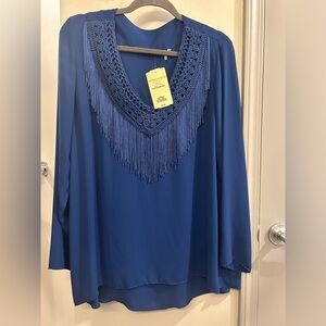 Soft Surroundings Stevie Fringe Blouse Top Women’s XL Blue Flowy Long Sleeve